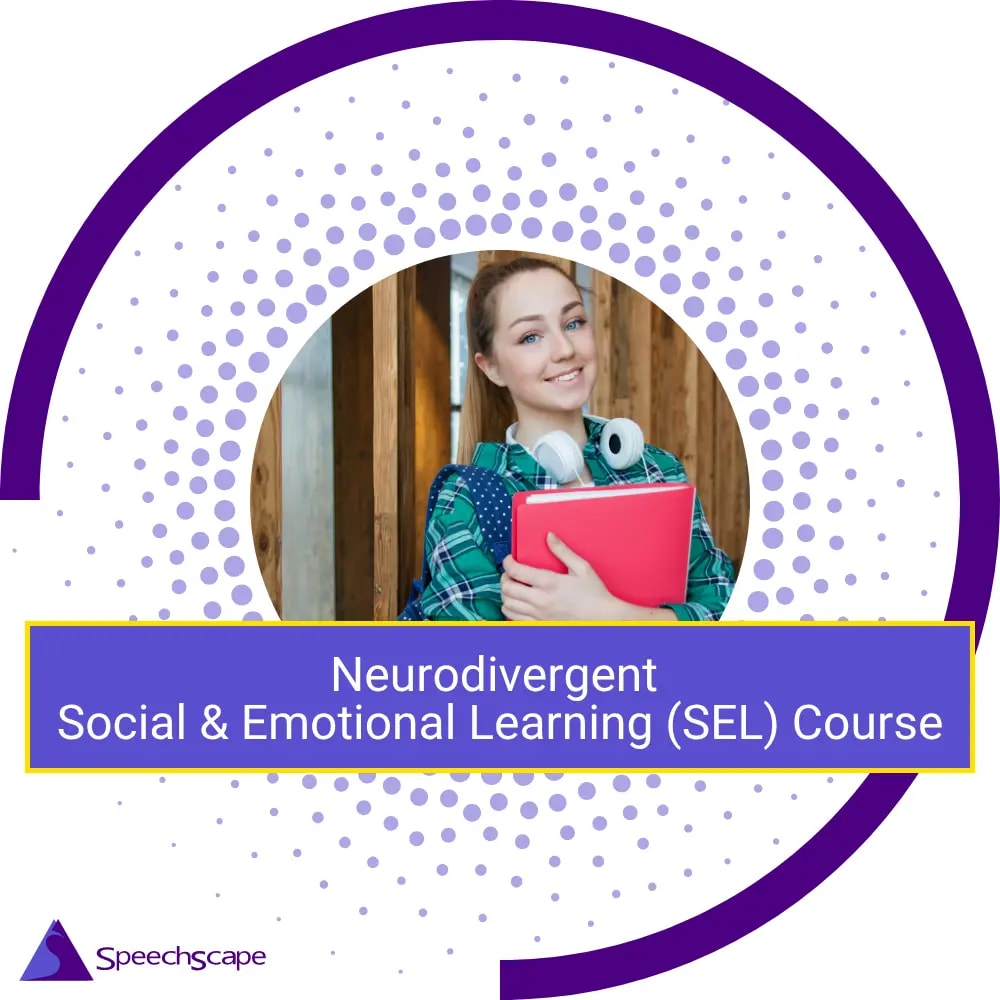 Smiling teenage girl clutching binder in school hallway and the course title, Neurodivergent Social & Emotional Learning (SEL) course.