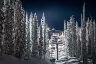 The view while night skiing on the chairlift at Big White Ski Resort