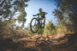 A mountain biker in mid-air performing a jump on a forest trail under a clear blue sky.