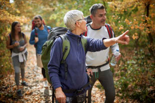 A group of people hiking in a forest, with the person in front pointing ahead.