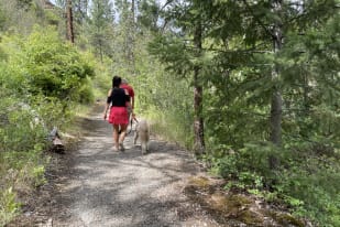 A woman in a red skirt walks a dog on a forested trail next to a man in Summerland.