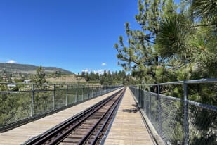 A railway track leading through a scenic route in Summerland, surrounded by green trees under a clear blue sky.