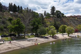 A scenic view of Summerland beach with people enjoying the shoreline, set against a backdrop of lush greenery and a cliffside with houses.