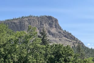 A rocky mountain rises above lush green trees under a clear blue sky in Summerland.