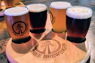 a group of beer glasses sitting on top of a wooden coaster on top of a table with a logo on it at Tree Brewing Beer Institute