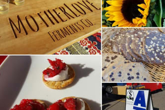 a collage of pictures including a sunflower, a sign, a pastry, and a vase of flowers at Kelowna Farmer's and Crafter's Market.