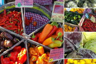 a collage of pictures of different types of fruits and vegetables in baskets and in baskets with price tags on them