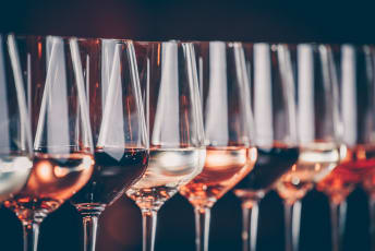 A row of assorted wine glasses filled with various types of wine ranging from white to red, displayed against a dark background.