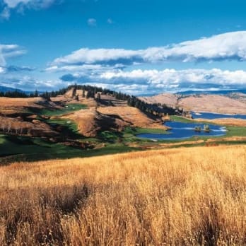 a grassy field with a lake in the middle of it and a mountain in the distance with clouds in the sky at Predator Ridge Golf Resort in Vernon