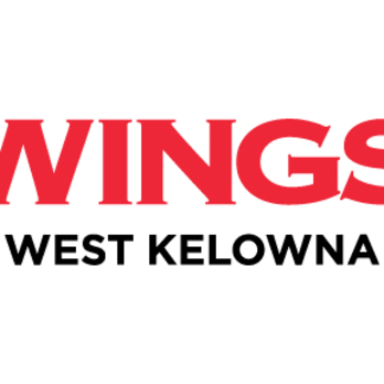 Logo of WINGS Restaurant in West Kelowna, featuring the text "WINGS" in red and "WEST KELOWNA" in black on a white background.