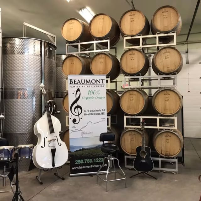 Winery barrels and musical instruments inside Beaumont Family Estate Winery in Kelowna, BC.