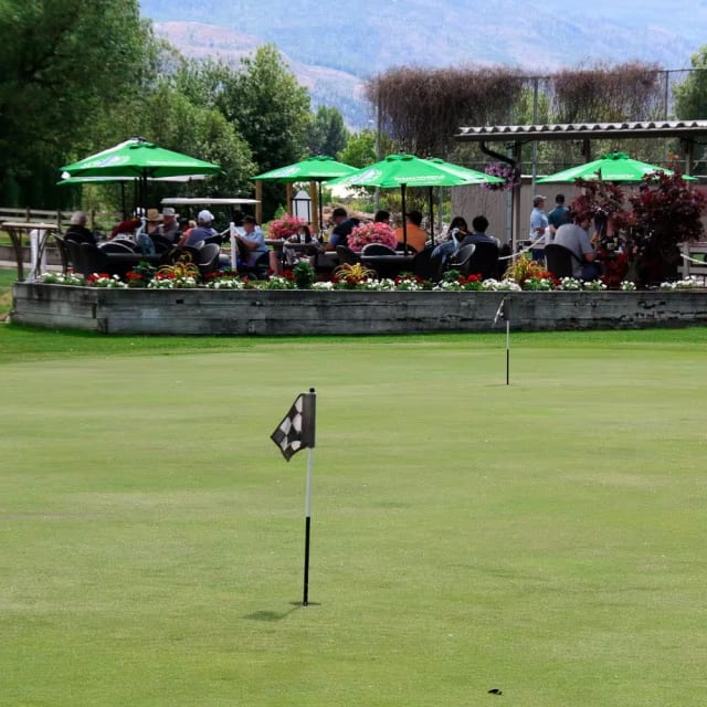 a golf green with a flag and a flag pole in the foreground and a crowd of people in the background