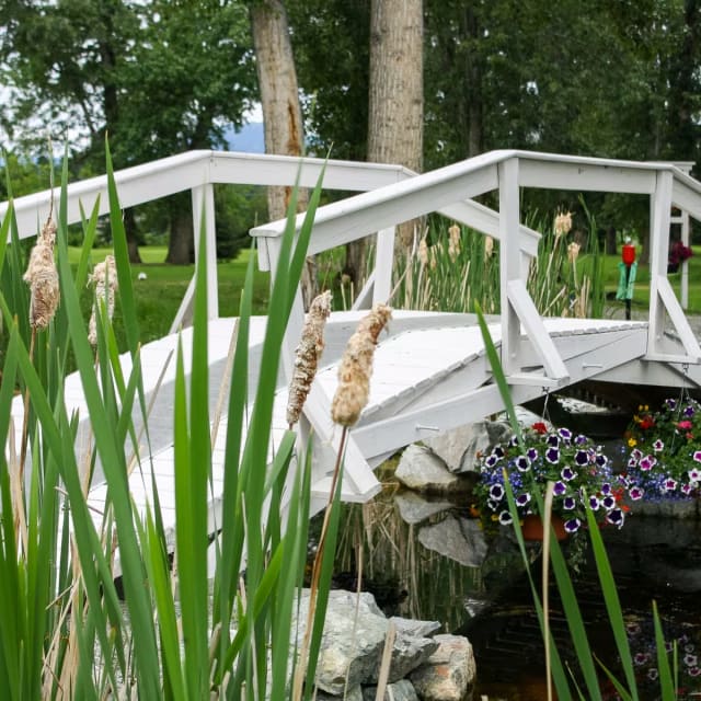 A small bridge over a small pond with flowers on the bridge and grass in the foreground, with people walking on the other side of the bridge at Mission Creek Golf Club in Kelowna.