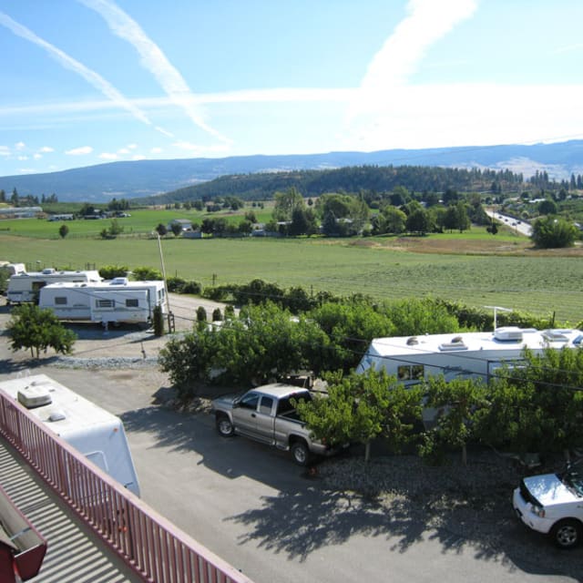 View of RVs parked under clear skies at Apple Valley Orchard & RV Park in Kelowna, with lush green fields and picturesque hills in the background.