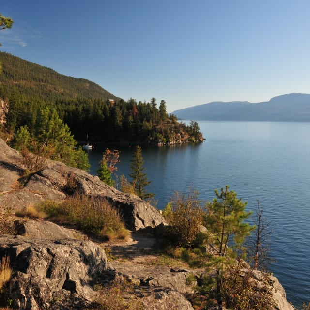 A scenic view of Ellison Park in Vernon, featuring rocky cliffs, dense forest, and a serene lake extending towards distant mountains under a clear blue sky.