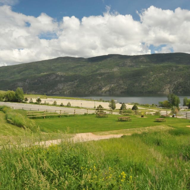 A scenic view of Kekuli Bay Park in Vernon featuring lush green grass, picnic tables, and a lake with forested hills in the background under a partly cloudy sky.