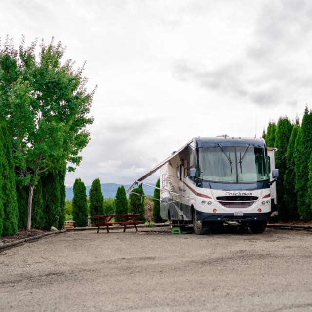 An RV is parked amidst tall green trees at the Orchard Valley RV Park in Kelowna, with a picnic table nearby under a cloudy sky.