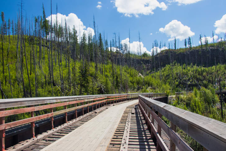 A wooden bridge with railings surrounded by trees and hills under a blue sky with white clouds in Kelowna.