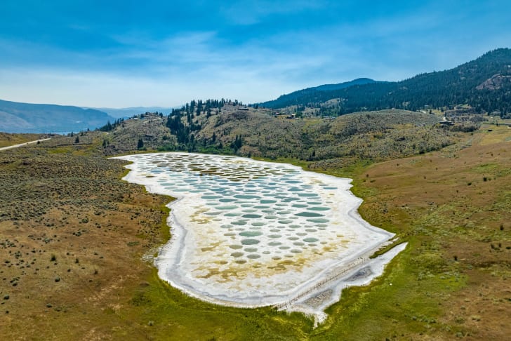 Aerial view of the unique spotted Spotted Lake with mineral deposits in Osoyoos, surrounded by rolling hills and clear blue sky.