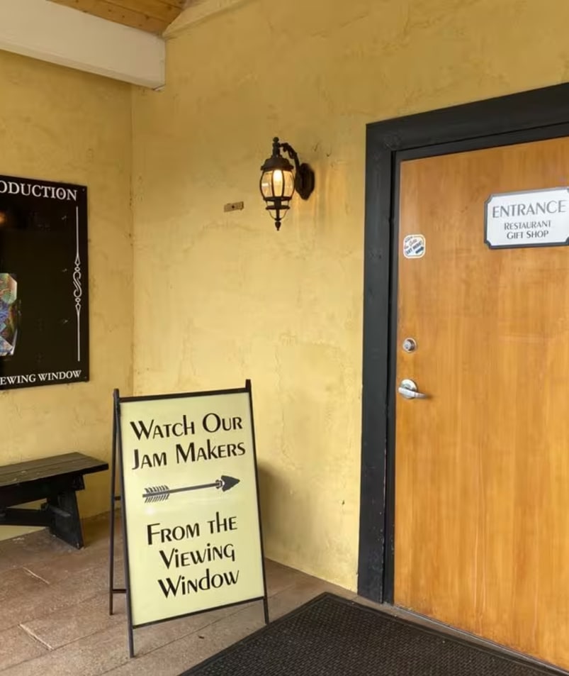 Entrance to The Jammery in Lake Country with signs promoting jam making viewing and restaurant/gift shop.