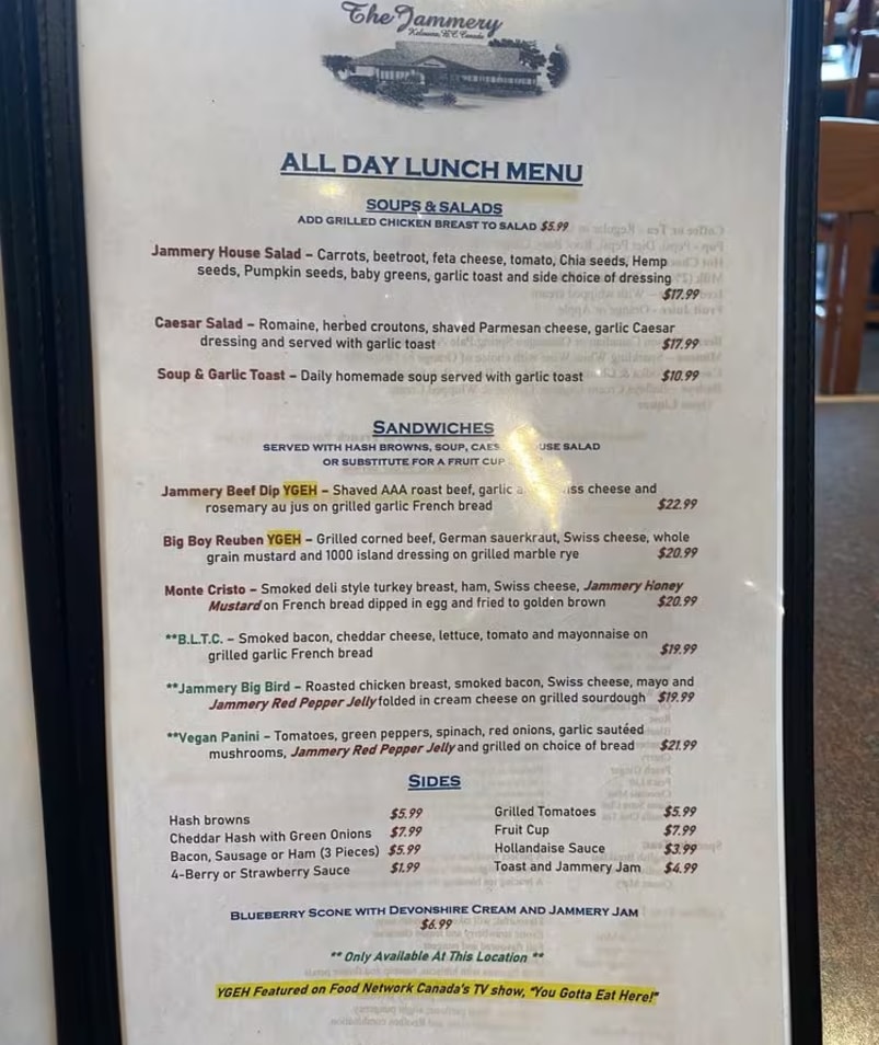 The Jammery All Day Lunch Menu in Lake Country including soups, salads, sandwiches, and sides with prices and descriptions.