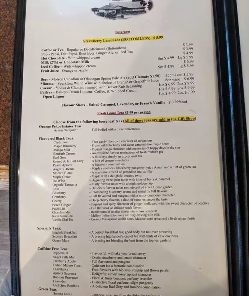 The Jammery menu featuring a variety of beverages including bottomless coffee or tea, iced coffee, hot chocolate, juice, beer, and an extensive selection of flavored teas, in Lake Country.