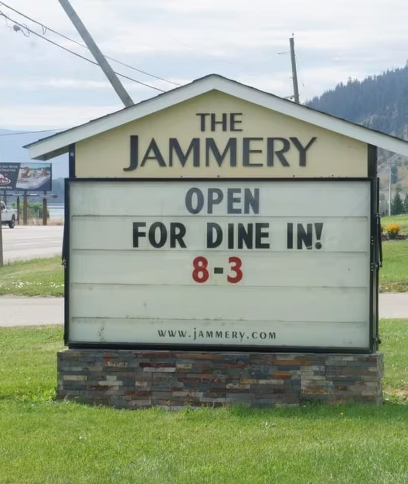 A sign for The Jammery in Lake Country, announcing it is open for dine-in from 8 am to 3 pm.