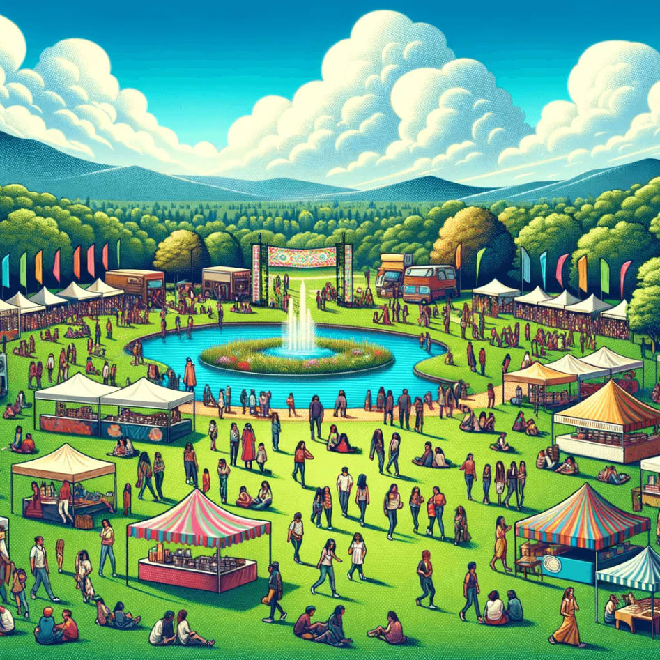 An outdoor festival with numerous tents, food stalls, people, and a central fountain, set in a lush, mountainous landscape under a cloudy sky.