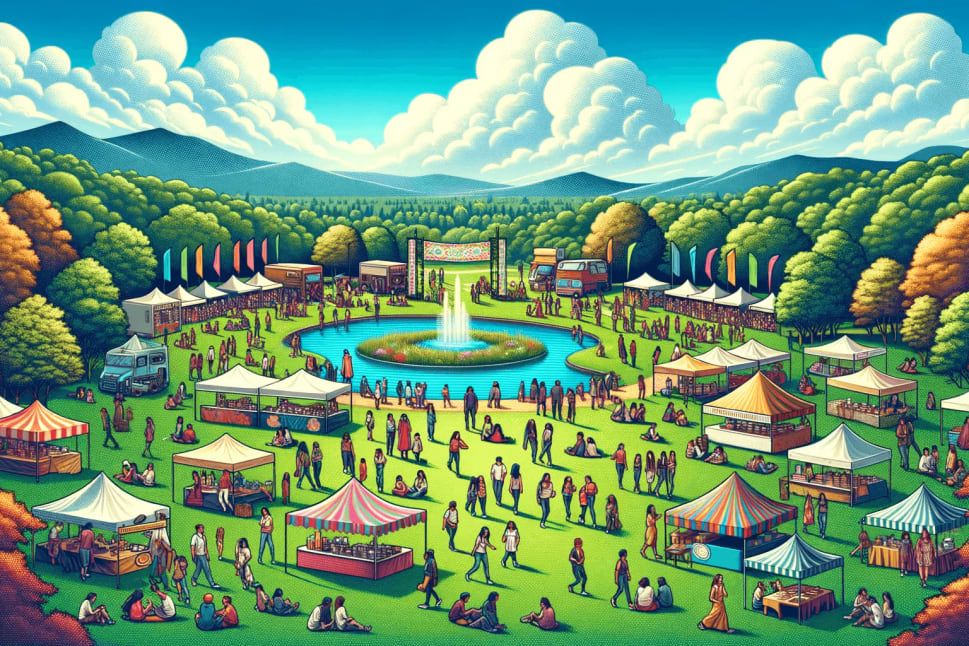 An outdoor festival with numerous tents, food stalls, people, and a central fountain, set in a lush, mountainous landscape under a cloudy sky.