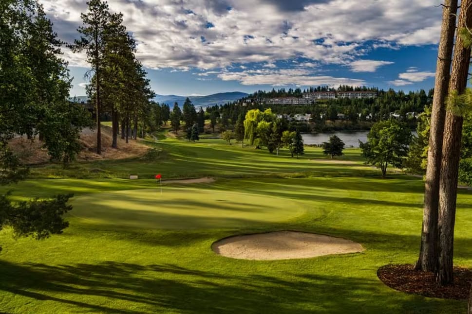 a view of a golf course with a lake in the distance and trees on the other side of the course.