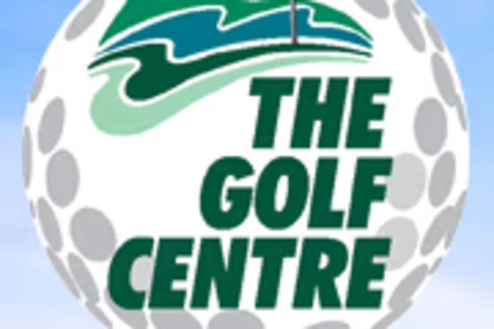 a golf ball with the logo of the golf centre on its side and a flag on top of it