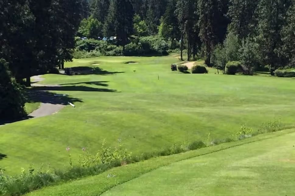 a view of a golf course from the top of a hill in the distance is a wooded area with trees and mountains in the distance is a clear blue sky at The Harvest Golf Club in Kelowna