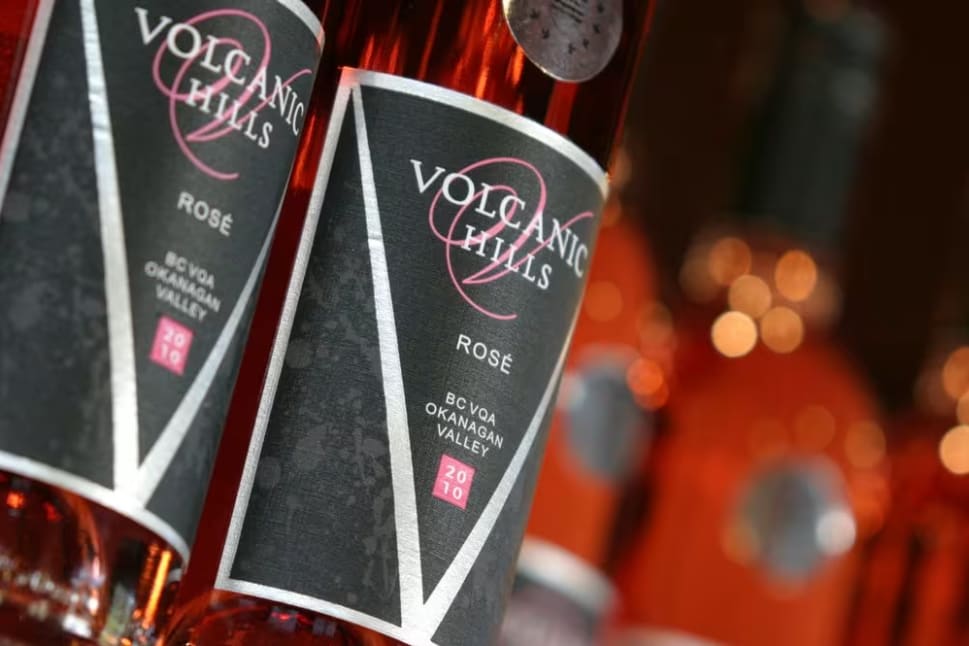 Bottles of Rosé wine labeled Volcanic Hills from Volcanic Hills Estate Winery in West Kelowna.