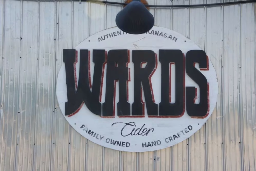 Wards Cidery sign with Authentic Okanagan, Family Owned, and Hand Crafted in Kelowna.