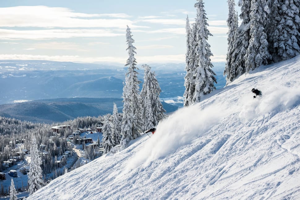 A skier navigating down a snowy slope amidst snow-covered trees in Vernon, with panoramic mountain views in the background.