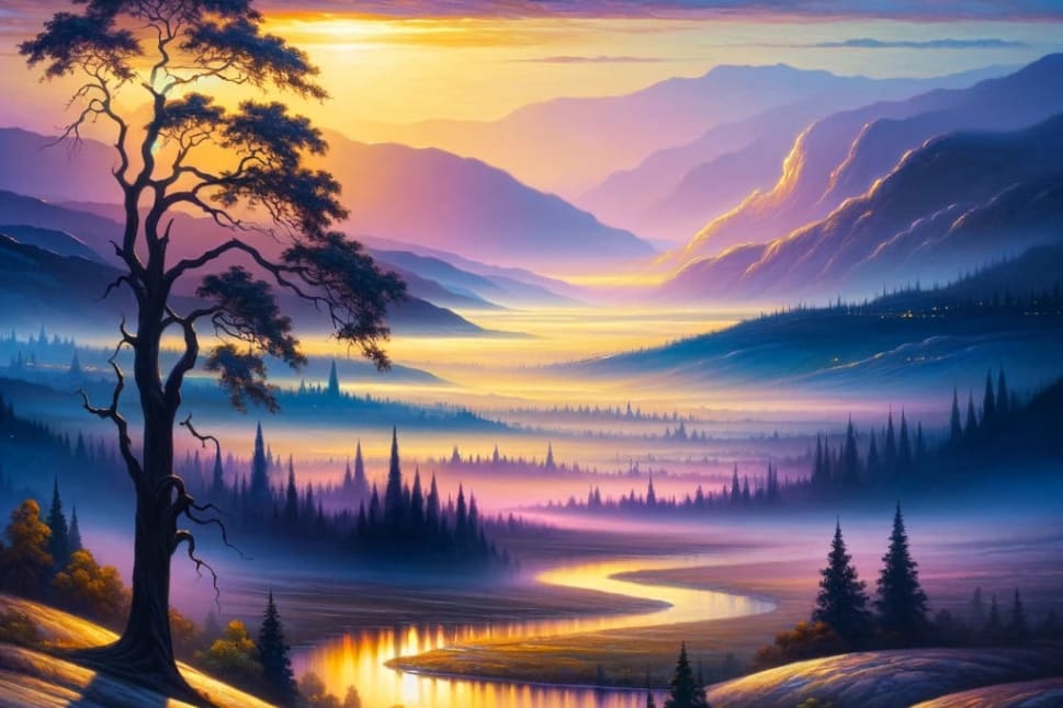 A painting of a tree in a field with a mountain in the background, surrounded by a forest, is set against a sunset backdrop in the Okanagan.