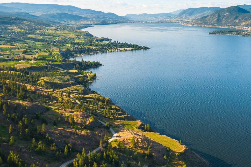 Aerial view of Penticton showcasing a large lake surrounded by lush greenery, vineyards, and distant mountains under a clear blue sky.