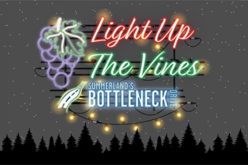 A neon sign with grapes and text Light Up The Vines above Summerland's Bottleneck Drive strung with fairy lights and silhouettes of pine trees in the background.