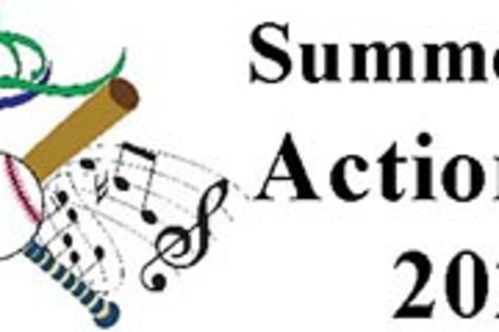 Logo for Summerland ActionFest 2024 featuring baseball bats, a ball, musical notes, and stylized figures.