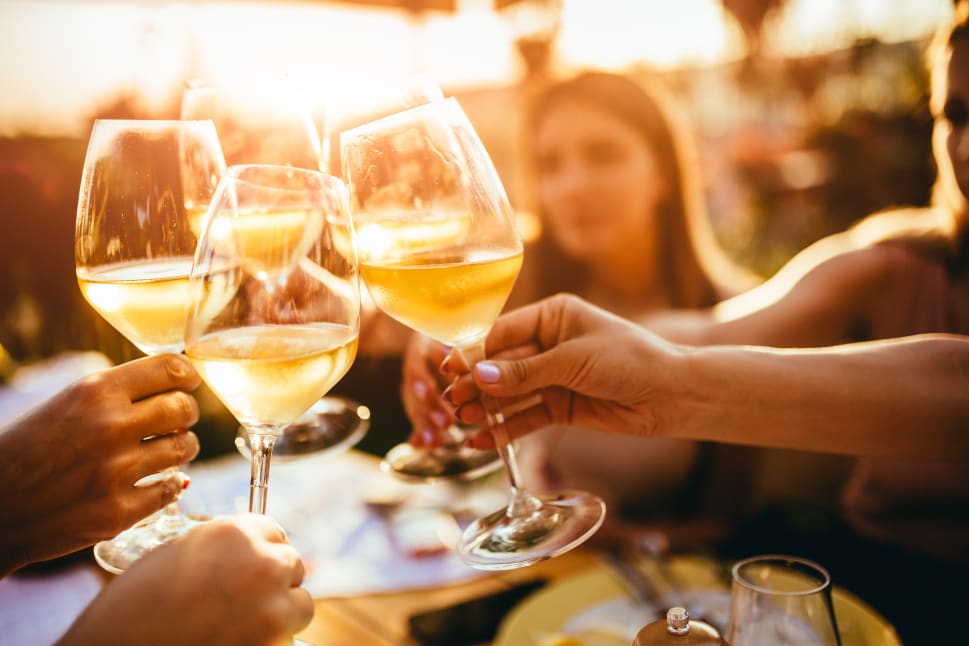 A group of friends toasting with glasses of white wine, bathed in warm sunlight, enjoying an outdoor gathering.