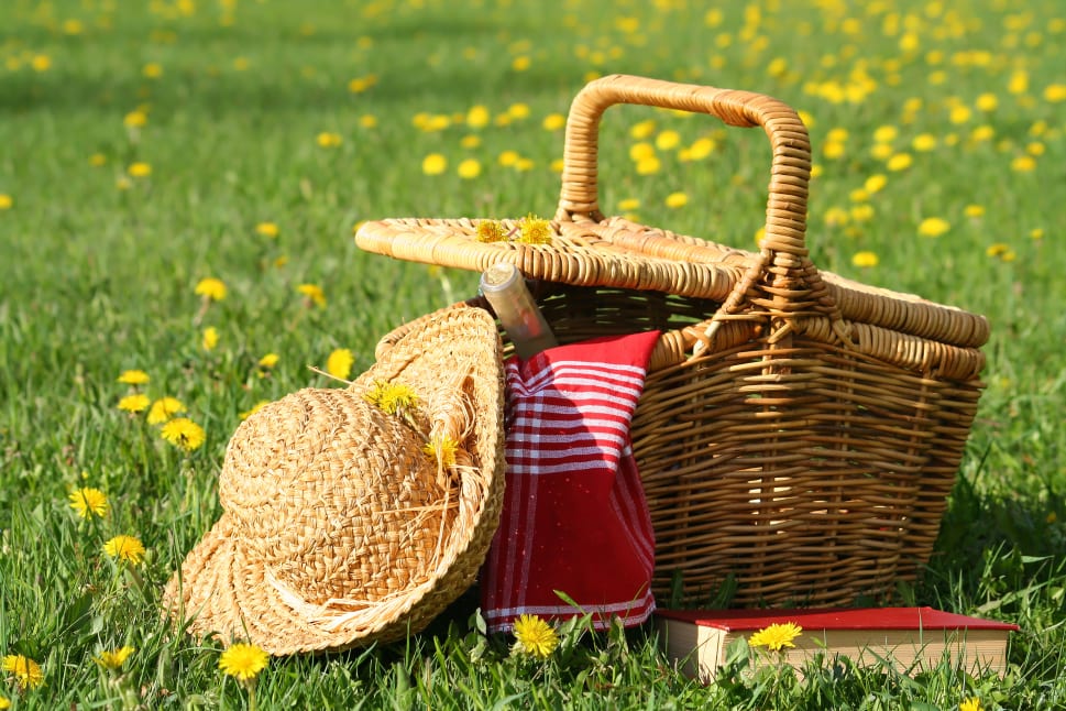 A wicker picnic basket with a red cloth, a bottle, a hat, and a book set in a grassy field with yellow flowers.