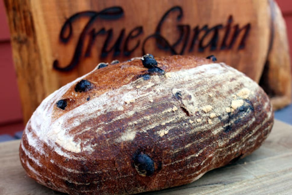 A rustic loaf of bread with blueberries on a wooden surface, with a "True Grain" sign in the background at True-Grain-Bakehouse, Summerland.