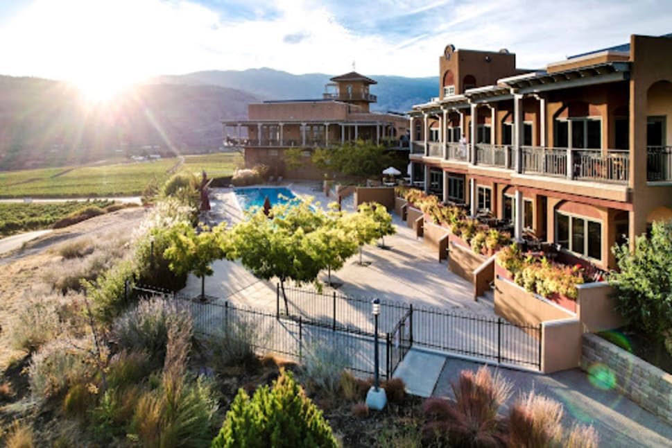 Burrowing Owl Estate Winery in Oliver, featuring stylish country-style rooms, a restaurant, and a pool, set in a picturesque vineyard with mountain views.