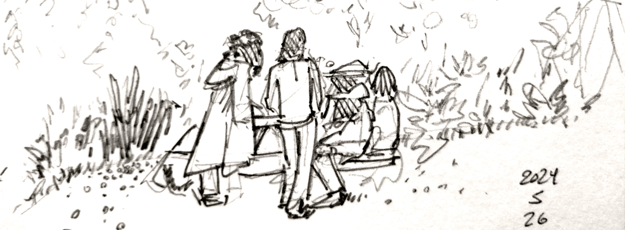 Crude pencil sketch of some figures crowding around a picnic table.