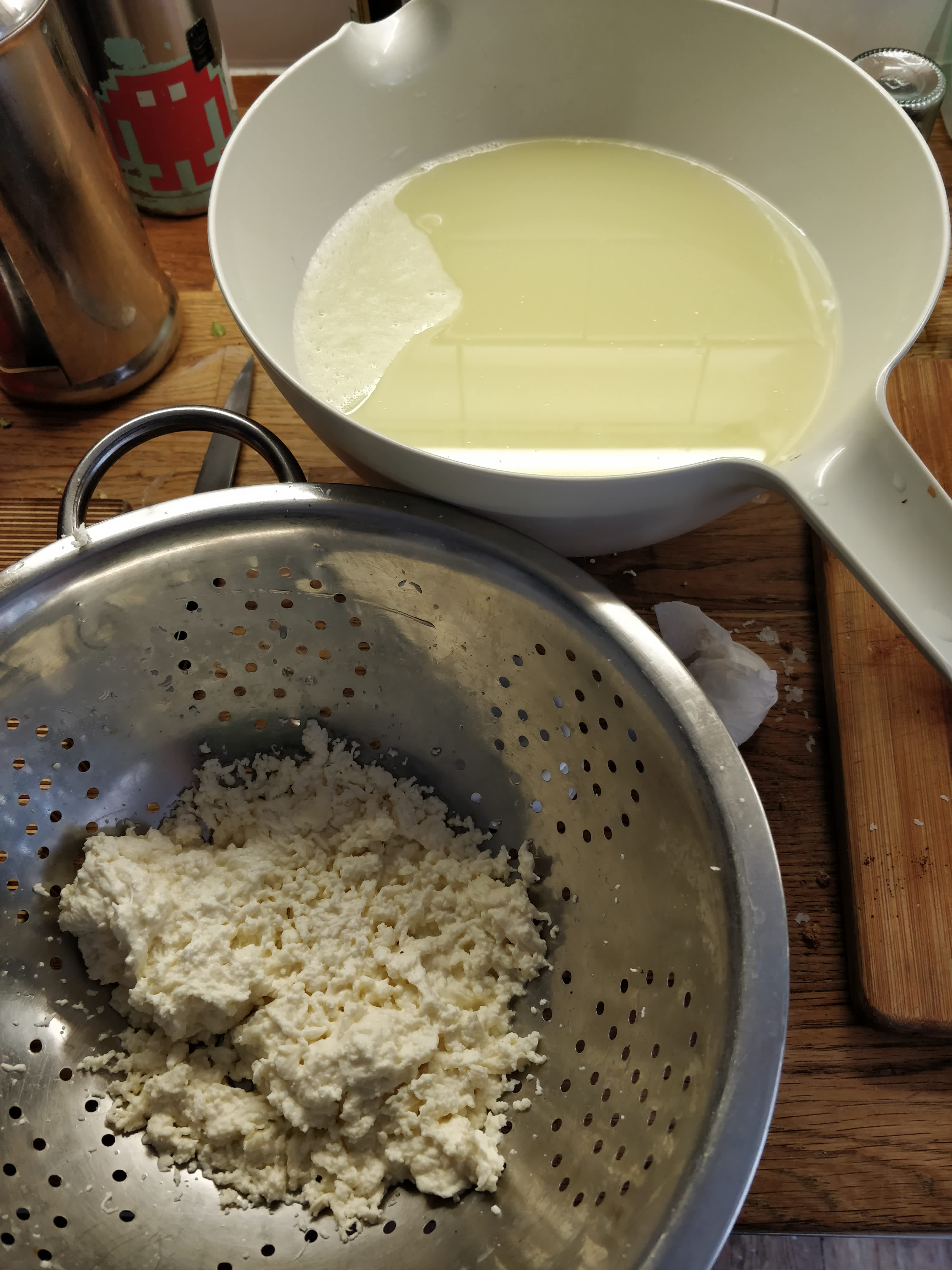 Curds and whey, in separate recepticles