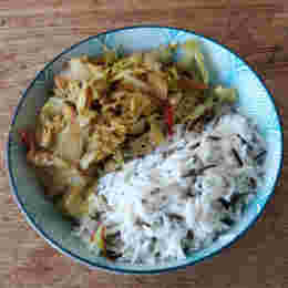 Fairly uninspiring-looking bowl of cabbage and rice