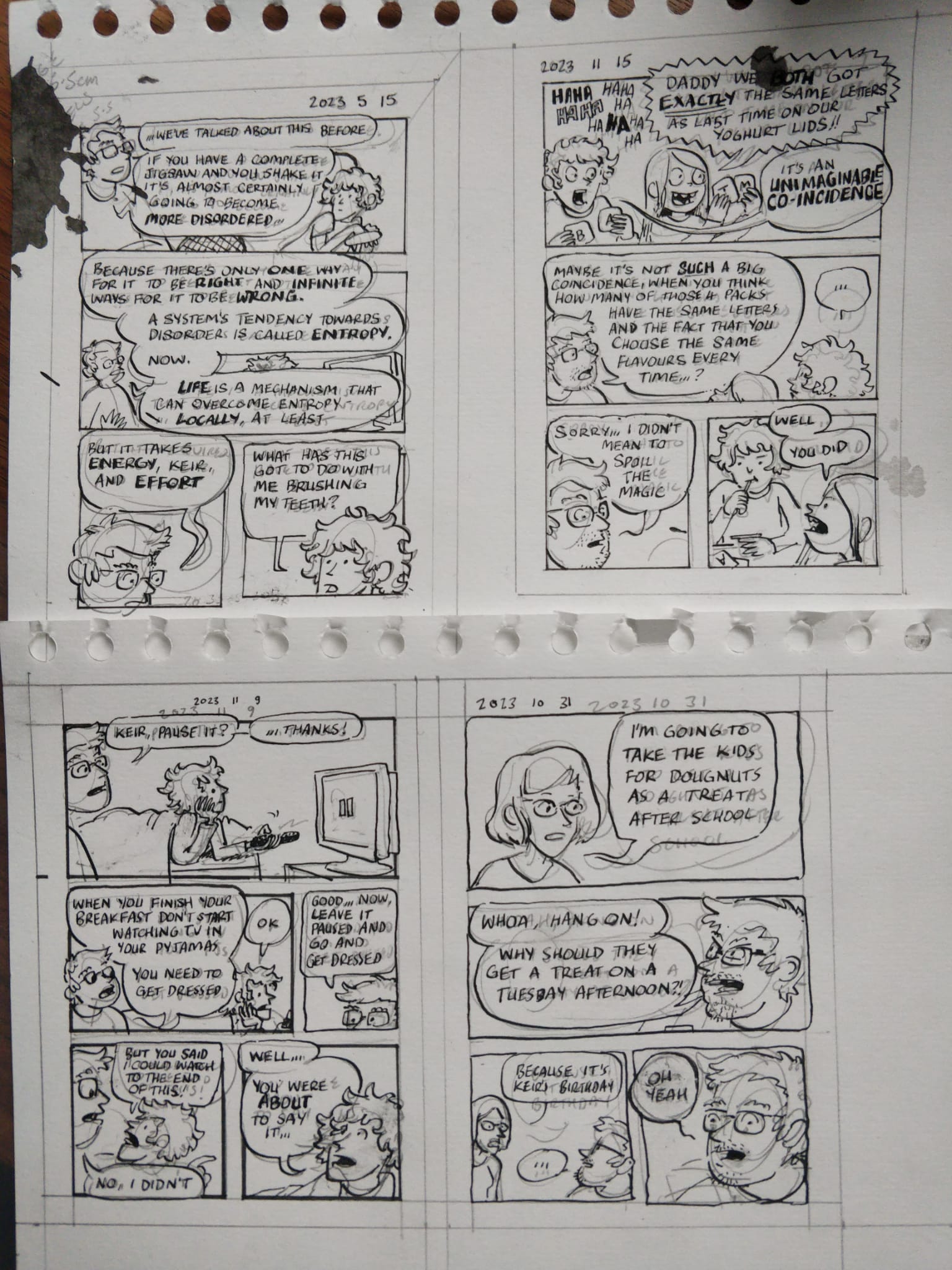 4 A6-ish comics, inked but not cleaned.