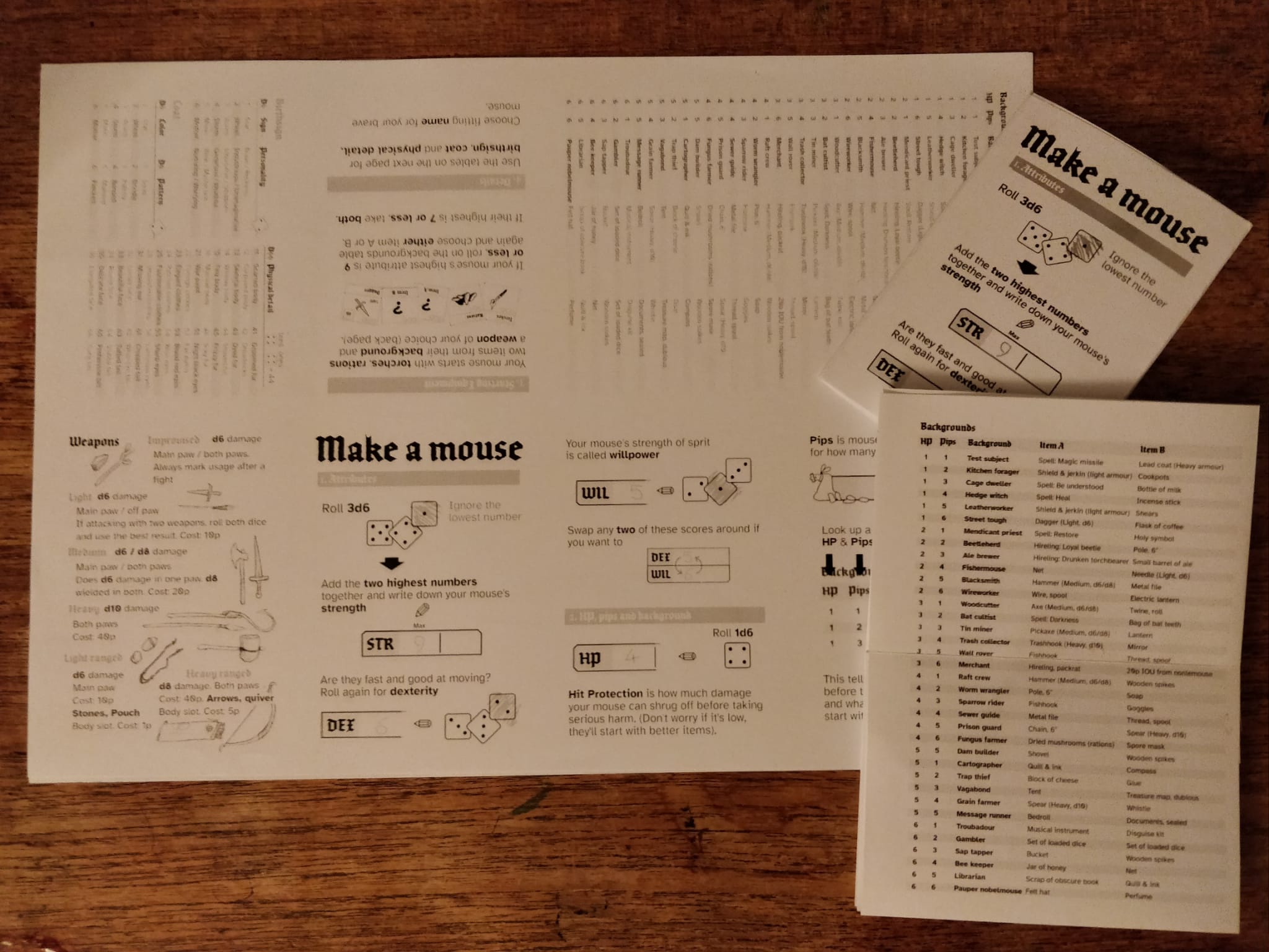 Some TTRPG rules condensed to a single A$ sheet. 3 versions are shown: folded into an A5 zine; the zine open at a double-page spread of a stat table; and in its unfolded form.