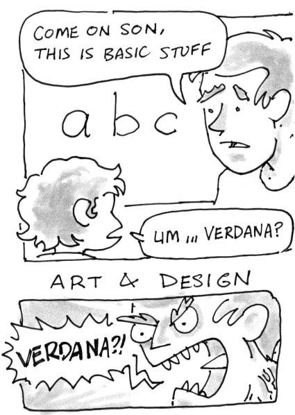 Me, in front of a board with A B C written on it: Come on so, this is basic stuff. Keir: Um... verdana? Me [shouting furiously]: VERDANA?!