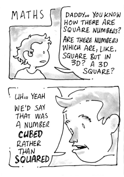 Keir: Daddy... you know how there are square numbers? Are there numbers which are, like, square bit in 3D? A 3D square? Me: Uh... yeah. We